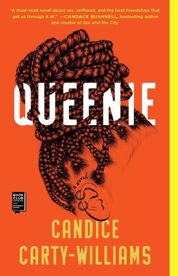 Cover of "Queenie" by Candice Carty-Williams with braided hair illustration and a book club stamp