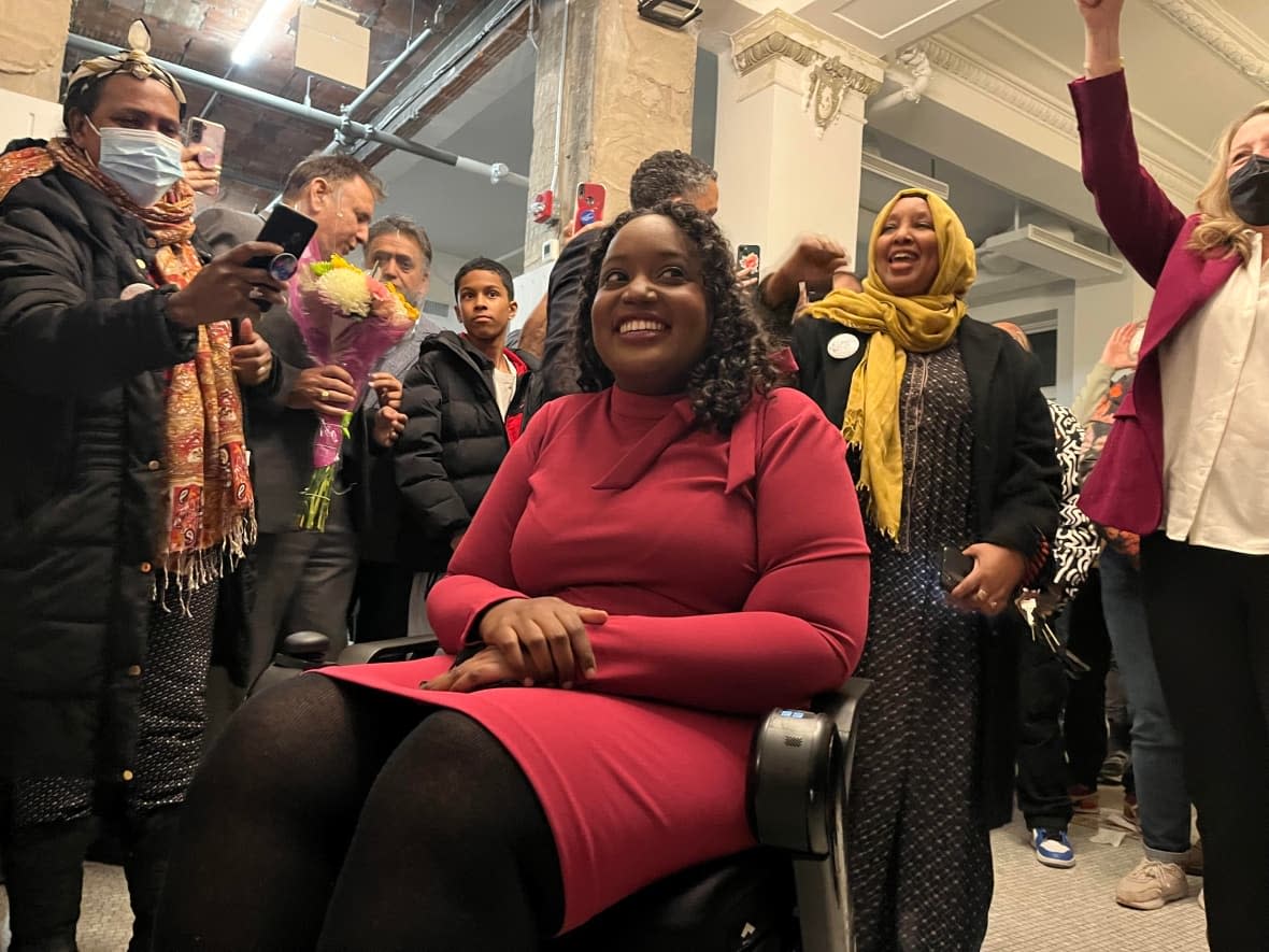 Sarah Jama arrives to her campaign celebration Thursday, after she was projected to win the provincial riding of Hamilton Centre in a byelection. (Bobby Hristova/CBC - image credit)