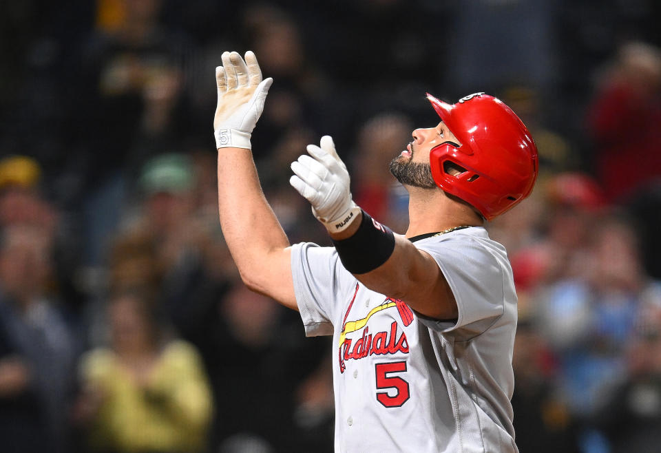 St. Louis Cardinals slugger Albert Pujols celebrates his two-run home run during the sixth inning against the Pittsburgh Pirates at PNC Park on October 3, 2022 in Pittsburgh, Pennsylvania. (Photo by Joe Sargent/Getty Images)