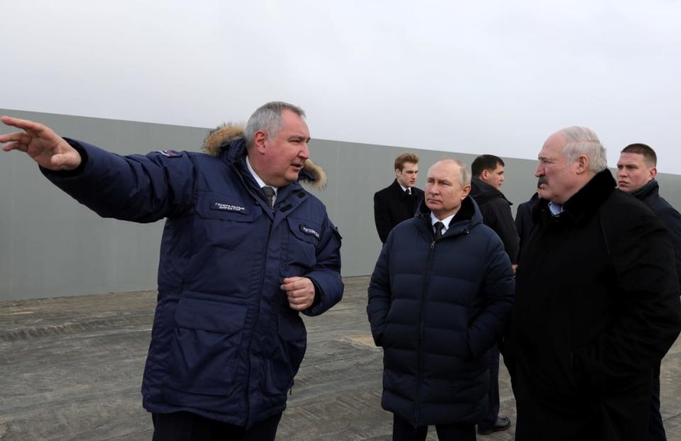 <div class="inline-image__caption"><p>Russian President Vladimir Putin and Belarusian President Alexander Lukashenko listen to Roscosmos Director General Dmitry Rogozin as they visit the construction site of the Amur launch complex for Angara rockets at the Vostochny Cosmodrome in Amur Region, Russia.</p></div> <div class="inline-image__credit">Sputnik via Reuters</div>