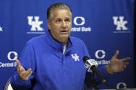 Kentucky coach John Calipari speaks to the press during Kentucky's NCAA college basketball media day in Lexington, Ky., Wednesday, Oct. 20, 2021. (AP Photo/James Crisp)