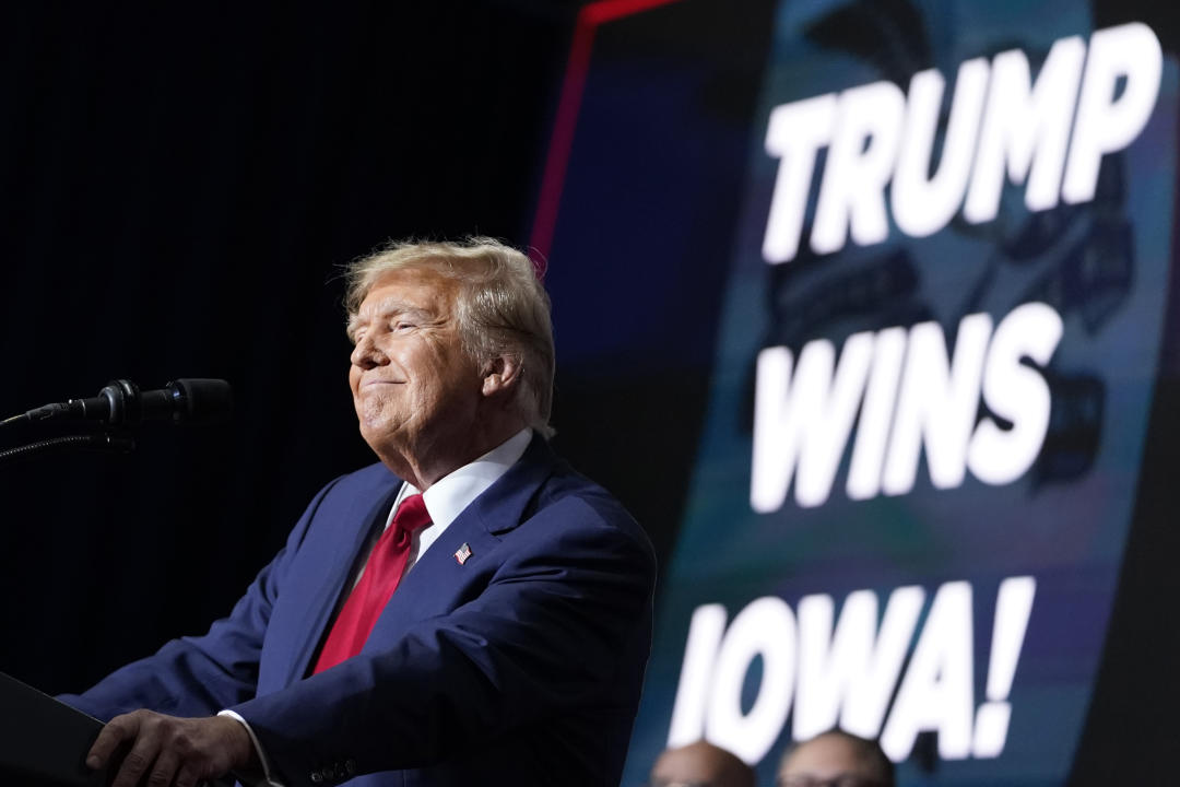 Republican presidential candidate former President Donald Trump speaks at a caucus night party in Des Moines, Iowa, Monday, Jan. 15, 2024. (AP Photo/Andrew Harnik)