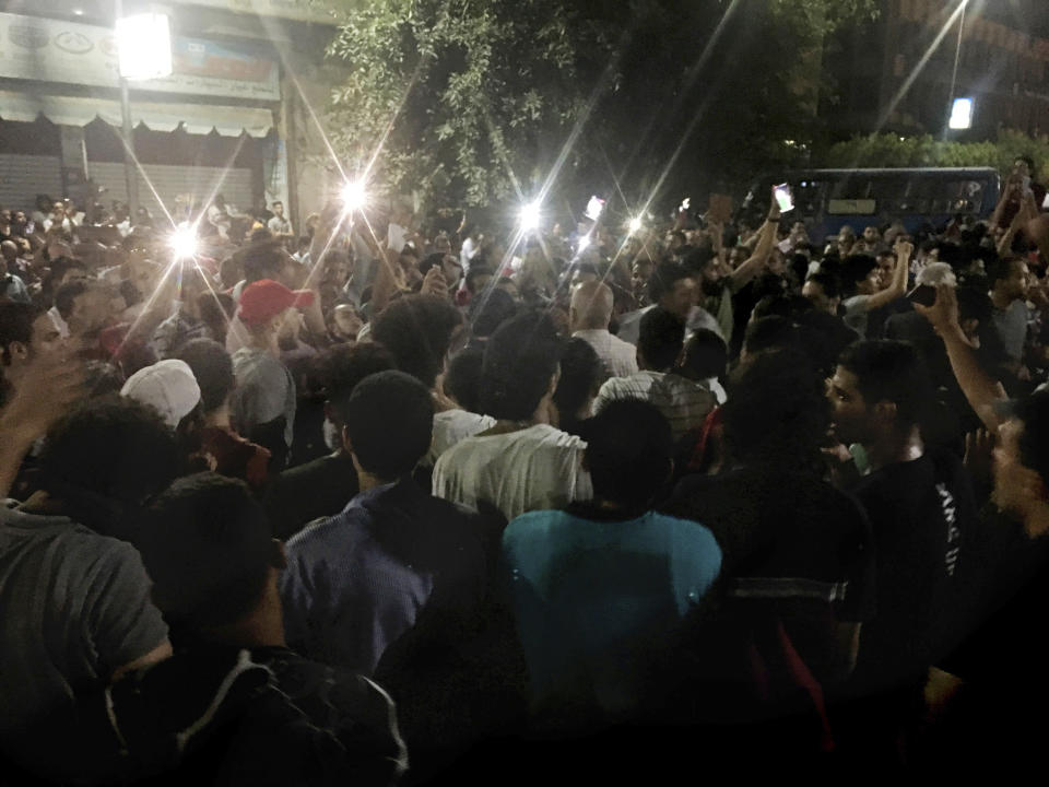 FILE - In this Sept. 21, 2019 file photo, protesters chant slogans against the regime in Cairo, Egypt. While the 2011 Arab Spring uprisings that took place in Egypt, Tunisia, Libya and Syria were directed at long-ruling autocrats, the current economically driven uprisings in Lebanon, and Iraq are directed at corrupt political elites who have failed at providing their people with basic services. Jordan, Algeria and Sudan are all witnessing similar protests. (AP Photo/Nariman El-Mofty, File)