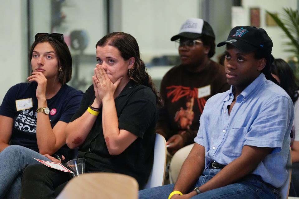 People react in horror as they watch the debate between Donald Trump and Joe Biden in 2024.