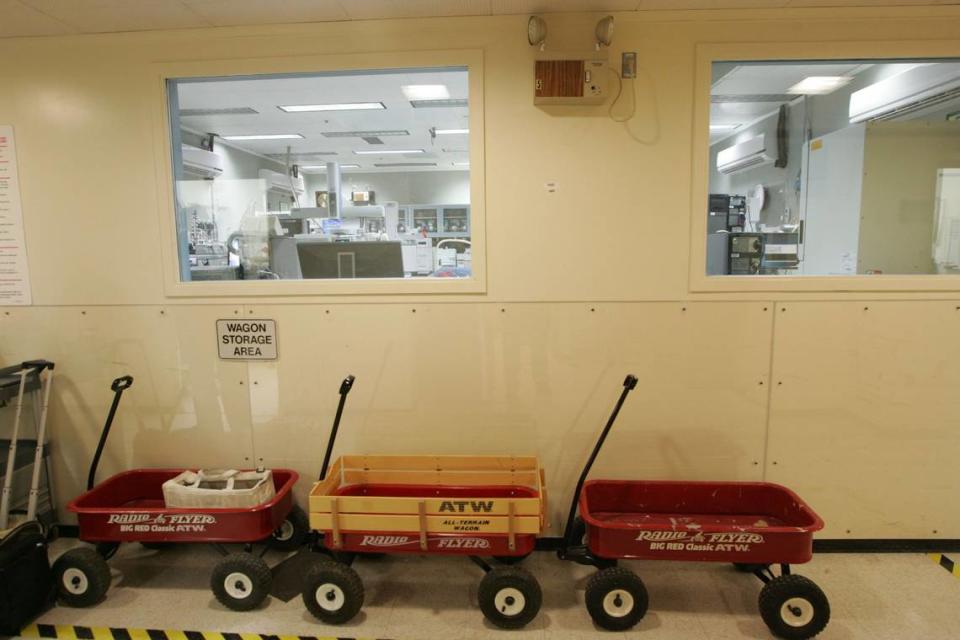 Red wagons are used to move waste samples around the 222-S Laboratory at the Hanford nuclear reservation adjoining Richland, Wash.