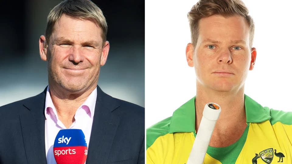 Shane Warne is seen on the left alongside former Aussie cricket captain Steve Smith.