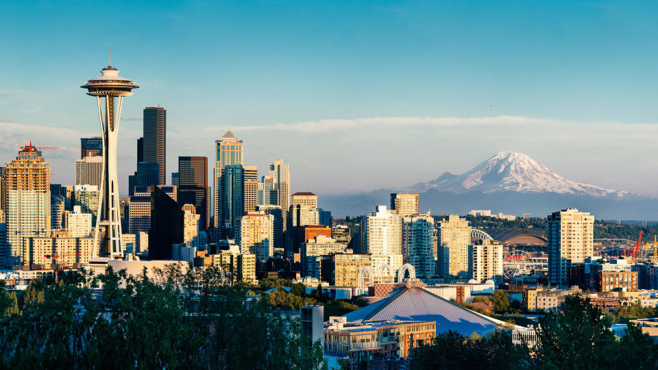 Seattle Skyline and Mount Rainier at Sunset on a clear summer day.