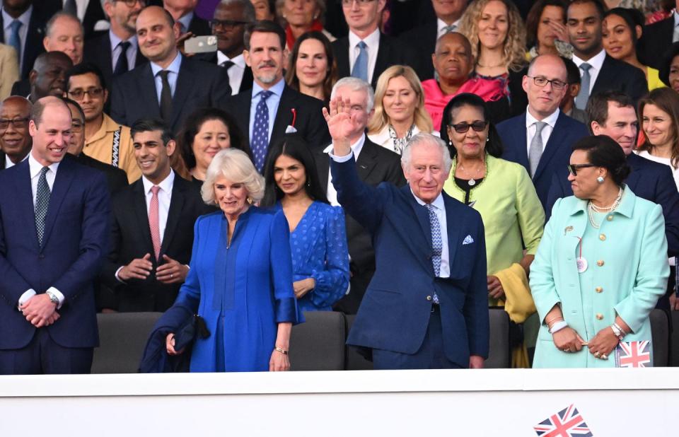 windsor, england may 07 l r the prince of wales, rishi sunak, camilla, queen consort, akshata murthy, king charles iii and patricia scotland during the coronation concert on may 07, 2023 in windsor, england the windsor castle concert is part of the celebrations of the coronation of charles iii and his wife, camilla, as king and queen of the united kingdom of great britain and northern ireland, and the other commonwealth realms that took place at westminster abbey yesterday high profile performers will entertain members of the royal family and 20,000 guests including 10,000 members of the public photo by leon nealgetty images