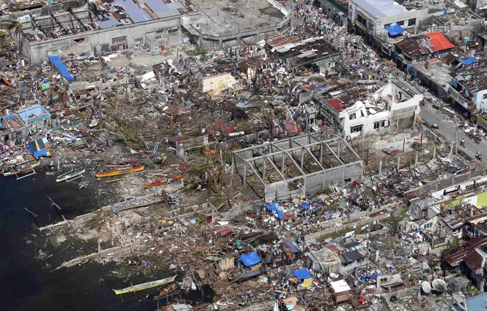 An aerial view of destroyed buildings and houses during the devastation of super Typhoon Haiyan in Tacloban city