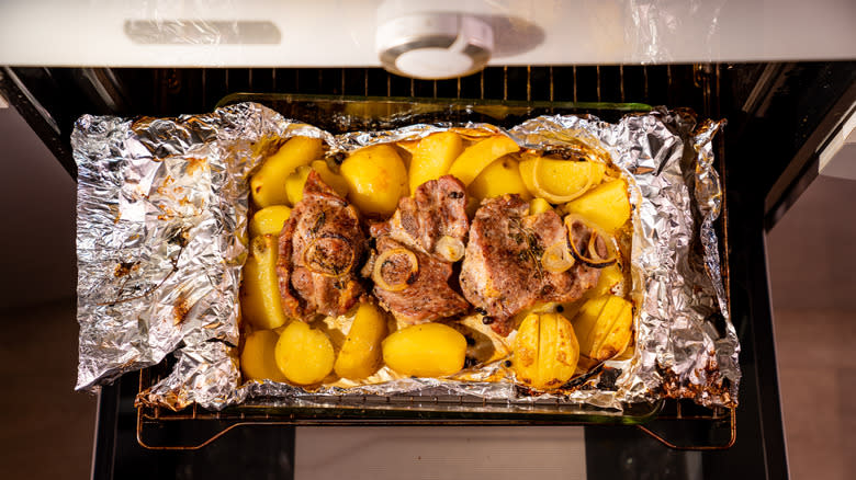 roasted food on foil on oven rack