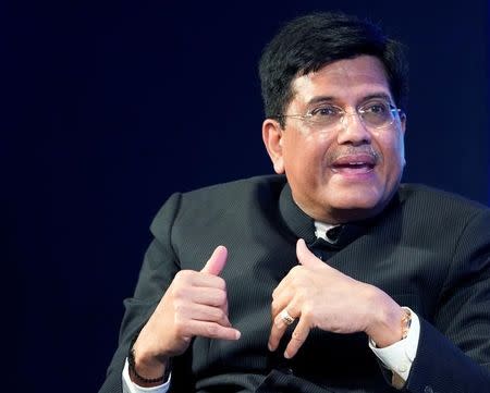 FILE PHOTO: Piyush Goyal, Minister of Railways and Coal of India, gestures as he speaks during the World Economic Forum (WEF) annual meeting in Davos, Switzerland, January 23, 2018. REUTERS/Denis Balibouse/File Photo