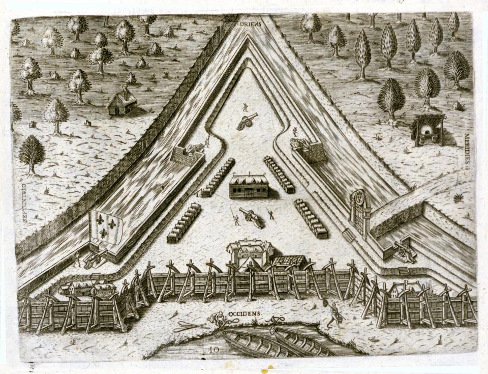 A Theodore de Bry engraving showing what Fort Caroline might have looked like. The French fort from the 1560s has never been found. Some suspect it now lies under the St. Johns River.