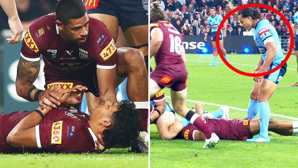 Jarome Luai, pictured here appearing to taunt Selwyn Cobbo after he was knocked out in the State of Origin decider.