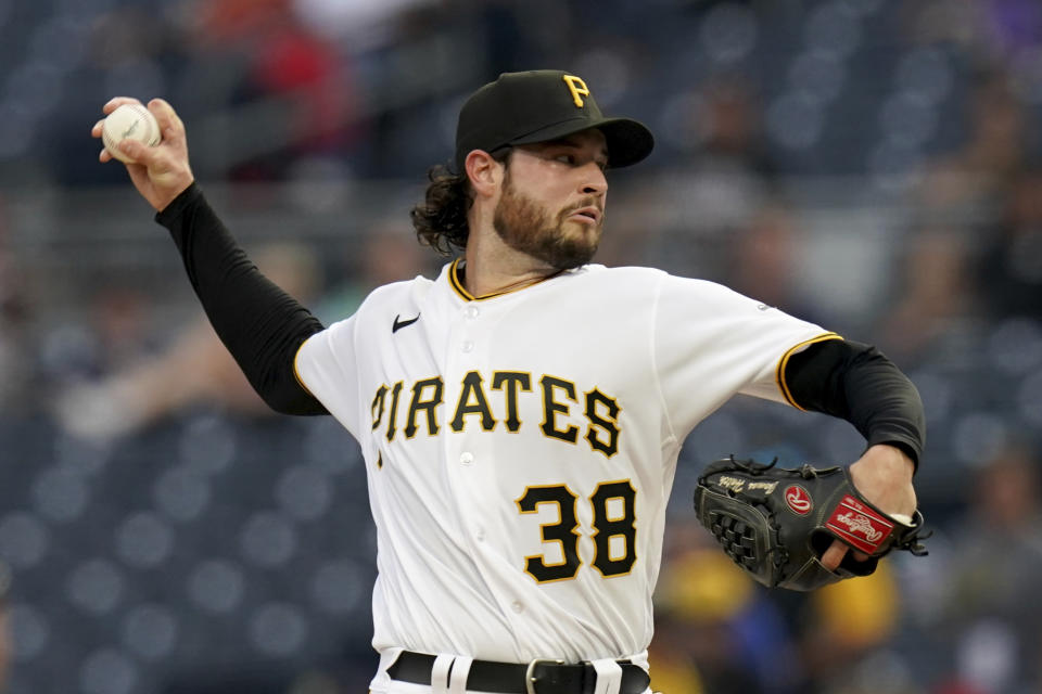 Pittsburgh Pirates starting pitcher Thomas Hatch delivers against the St. Louis Cardinals in the first inning of a baseball game in Pittsburgh, Monday, Aug. 21, 2023. (AP Photo/Matt Freed)