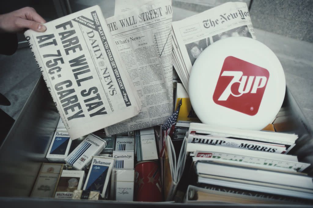 A box full of cigarettes, newspapers and magazines, New York City, US, October 1982