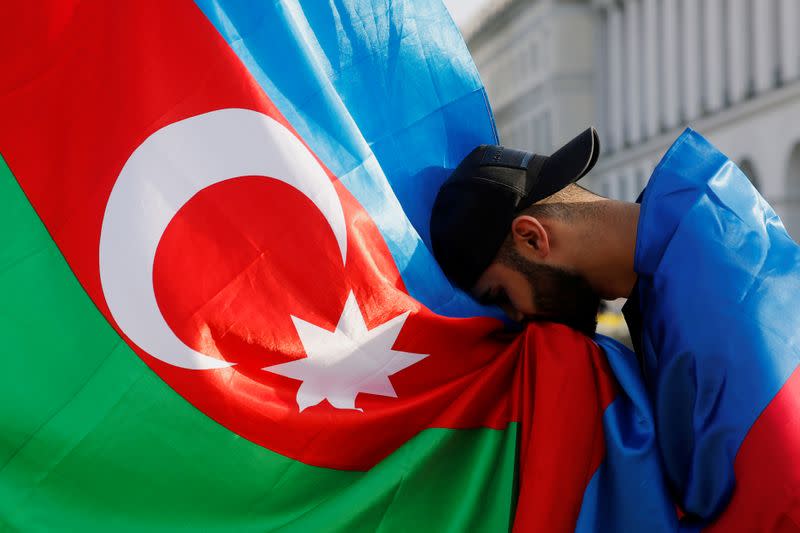 Members of Azerbaijan diaspora hold a rally in support of their country at the Independence Square in Kyiv