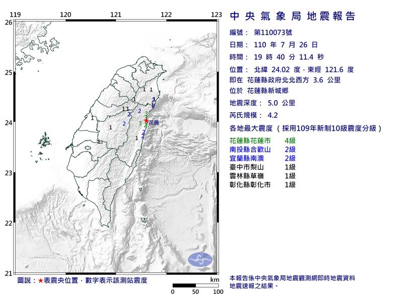 19：39左右臺灣發生有感地震，震度4級以上地區有花蓮。（圖／中央氣象局）