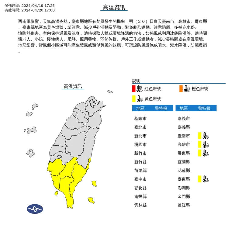 台南市、高雄市、屏東縣、台東縣高溫可達36°C以上