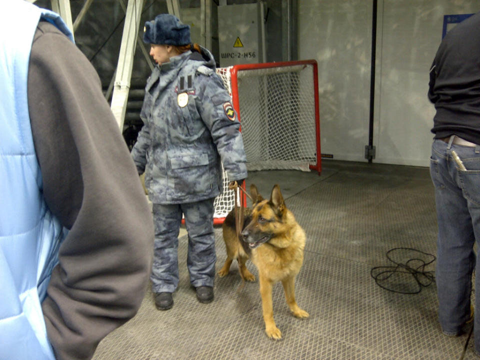 Bomb sniffing dogs are seen frequently throughout the day at the rink. This dog officer made the rounds during Team USA's morning skate. (Sunaya Sapurji)