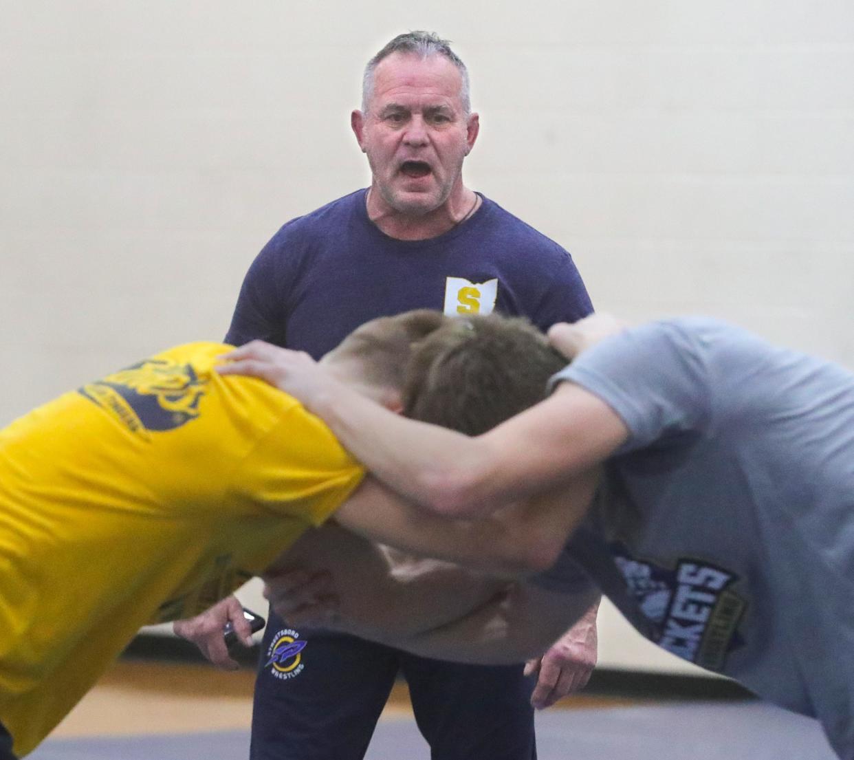 Streetsboro wrestling coach Mark Skonieczny keeps an eye on practice, Wednesday, Dec. 13, 2023.