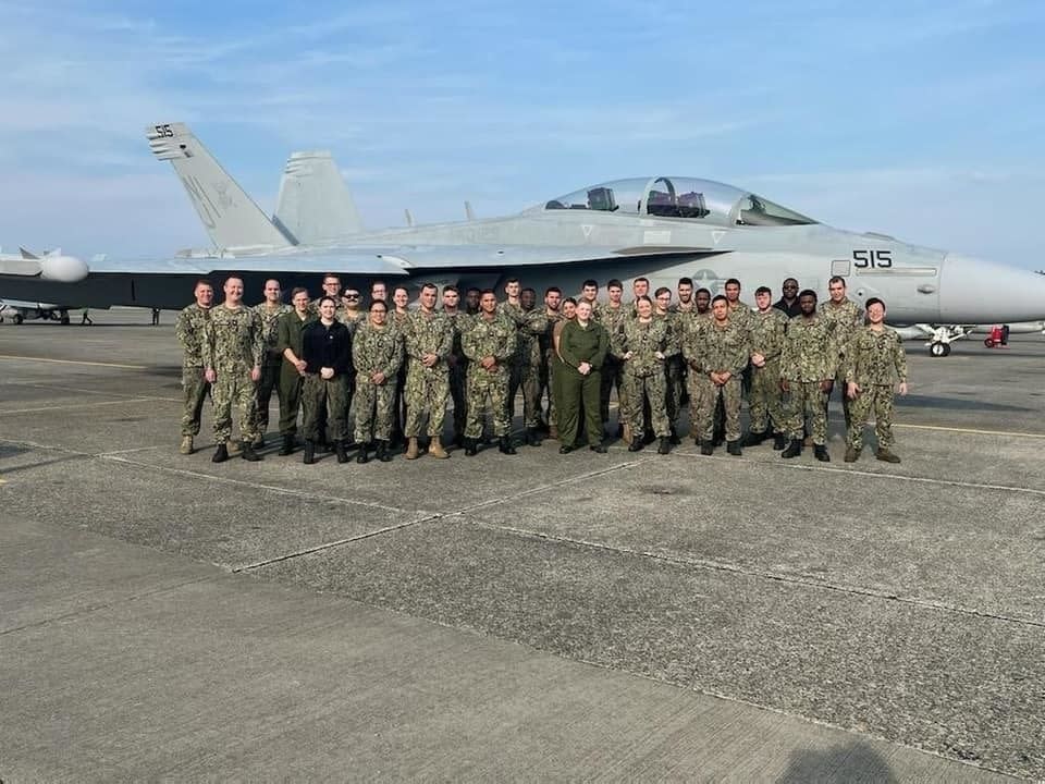 naval air station whidbey island, wash oct 28, 2022    the team that refurbished ea 18g growler 515, assigned to electronic attack squadron vaq 129, poses with the aircraft at naval air station whidbey island naswi the aircraft flew its functional check flight on oct 17, 2022 at naswi and will be reentered into service with a forward deployable squadron in the near future us navy photo