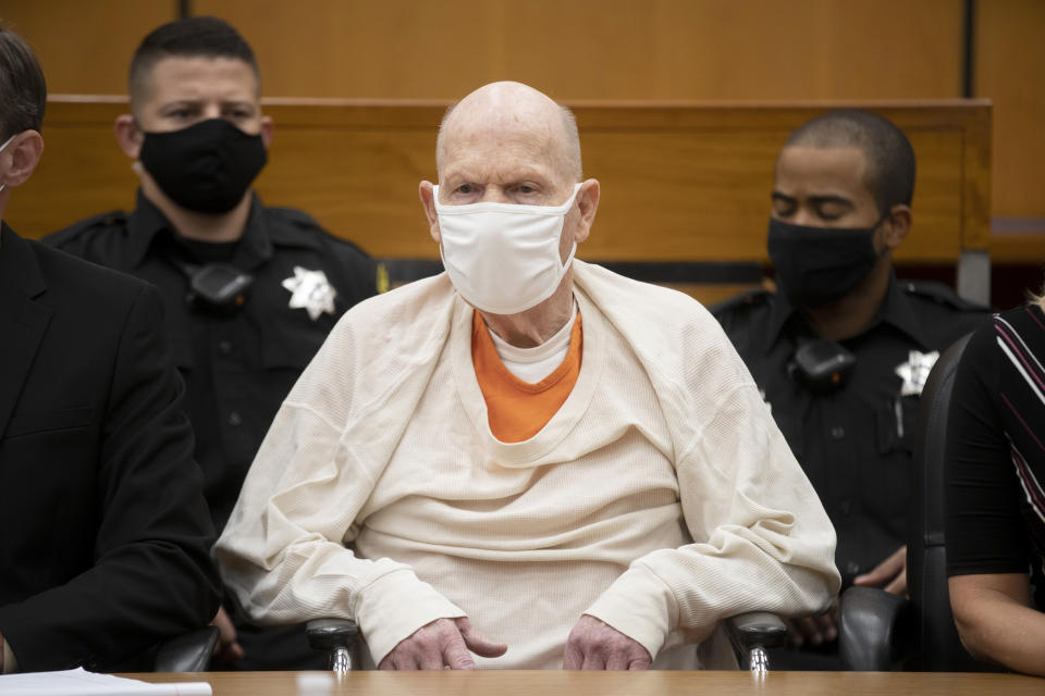 Joseph James DeAngelo sits in court during the third day of victim impact statements at the Gordon D. Schaber Sacramento County Courthouse on Thursday, Aug. 20, 2020, in Sacramento, Calif. DeAngelo, 74, a former police officer in California eluded capture for four decades before being identified as the Golden State Killer. DeAngelo pleaded guilty in June to 13 murders and 13 rape-related charges stemming from crimes in the 1970s and 1980s. He will be formally sentenced to life in prison on Friday under a plea agreement that allows him to avoid the death sentence. (Santiago Mejia/San Francisco Chronicle via AP, Pool)