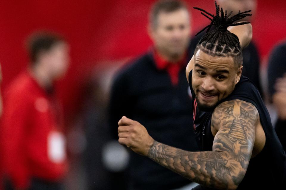 Cincinnati Bearcats linebacker Darrian Beavers (0) runs a drill during Cincinnati Football Pro Day, Thursday, March 24, 2022, at the Sheakley Athletic Complex in Cincinnati. 