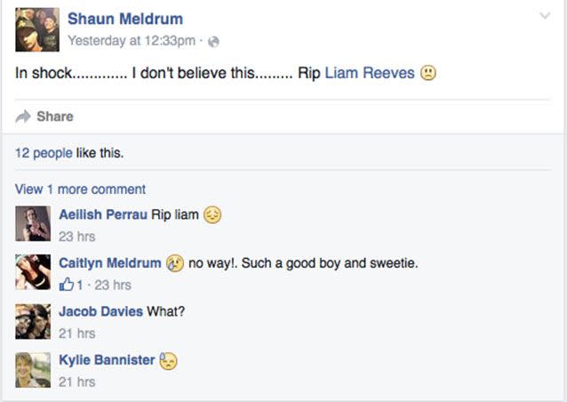 Liam's mates are in shock over his passing. Picture: Facebook