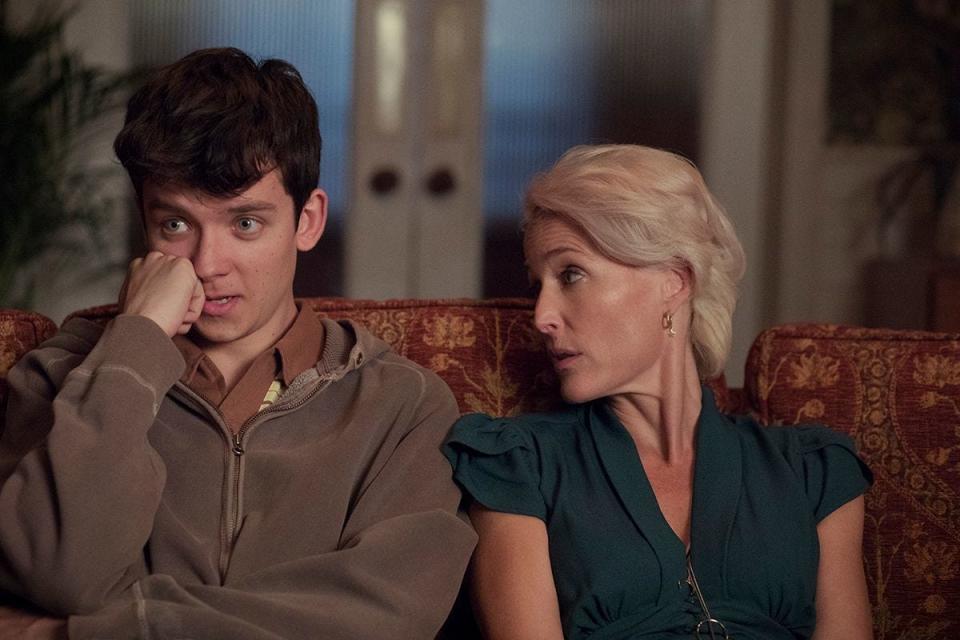 Asa Butterfield as Otis and Gillian Anderson as his sex therapist mother Jean in "Sex Education."