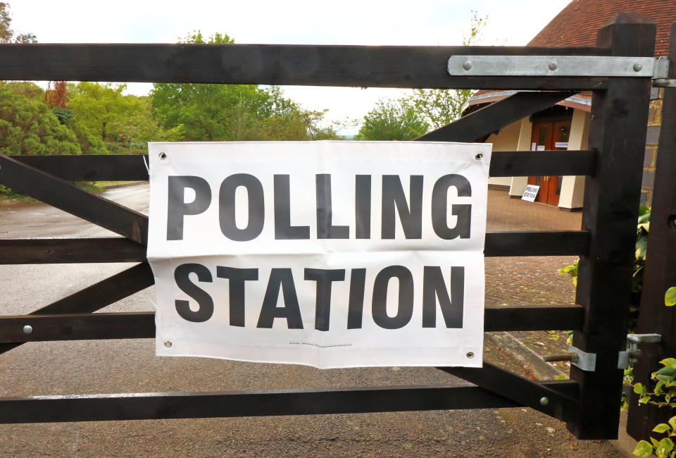 Polling signs seen at a building at a cemetery in Stevenage used as a Polling Stations during UK Local Elections. (Photo by Keith Mayhew / SOPA Images/Sipa USA)
