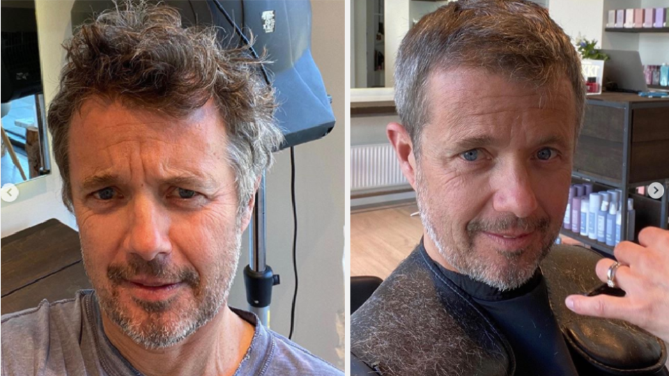 (left) Danish prince Frederick with long hair during pandemics, (right) haircut after hairdressers allowed to re-open