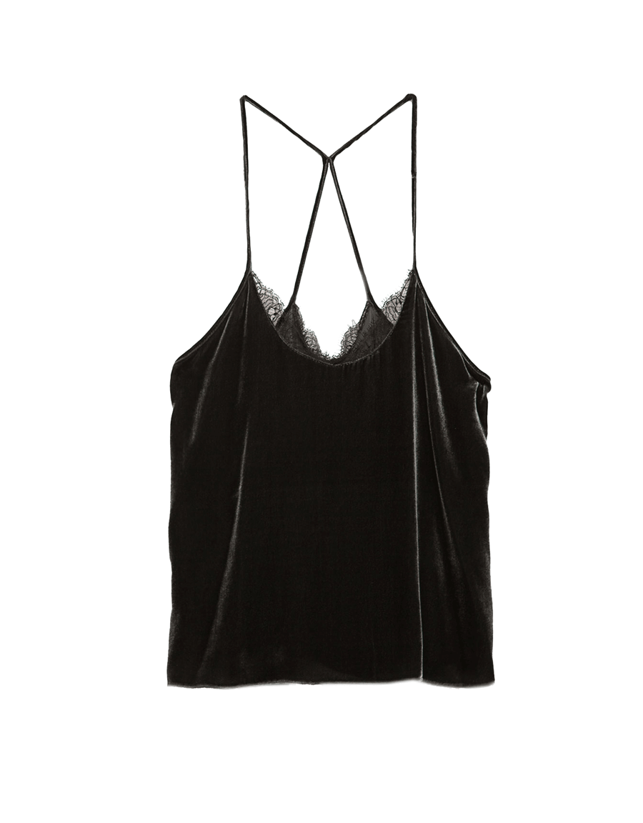 A pretty camisole in deep gray velvet is the perfect base layer for any party outfit.