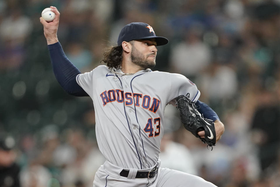 Houston Astros starting pitcher Lance McCullers Jr. throws to a Seattle Mariners batter during the sixth inning of a baseball game Tuesday, July 27, 2021, in Seattle. (AP Photo/Ted S. Warren)