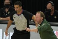 Milwaukee Bucks head coach Mike Budenholzer reacts during the second half of Game 1 of the NBA Eastern Conference basketball finals game against the Atlanta Hawks Wednesday, June 23, 2021, in Milwaukee. (AP Photo/Morry Gash)