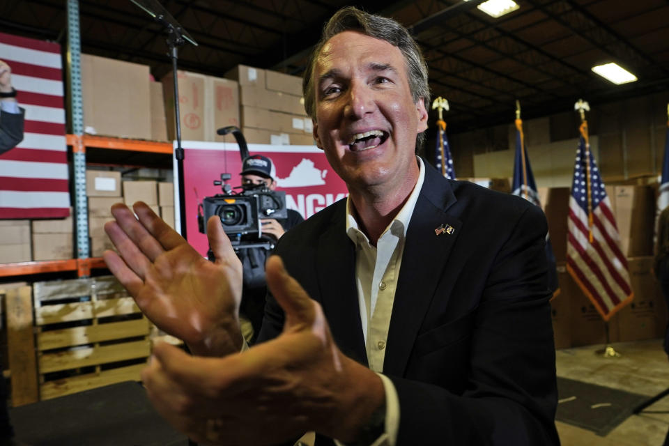 Republican gubernatorial candidate, Glenn Youngkin arrives for an event in Richmond, Va., Tuesday, May 11, 2021. (AP Photo/Steve Helber)