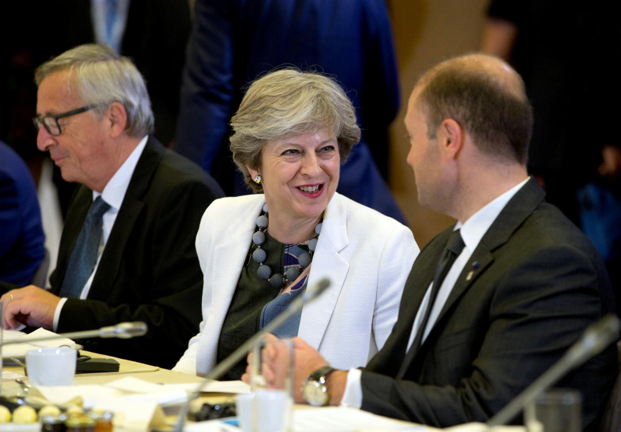 European Commission President Jean-Claude Juncker, Theresa May and Malta’s Prime Minister Joseph Muscat take part in an EU summit in Brussels. (Reuters/Virginia Mayo/Pool)