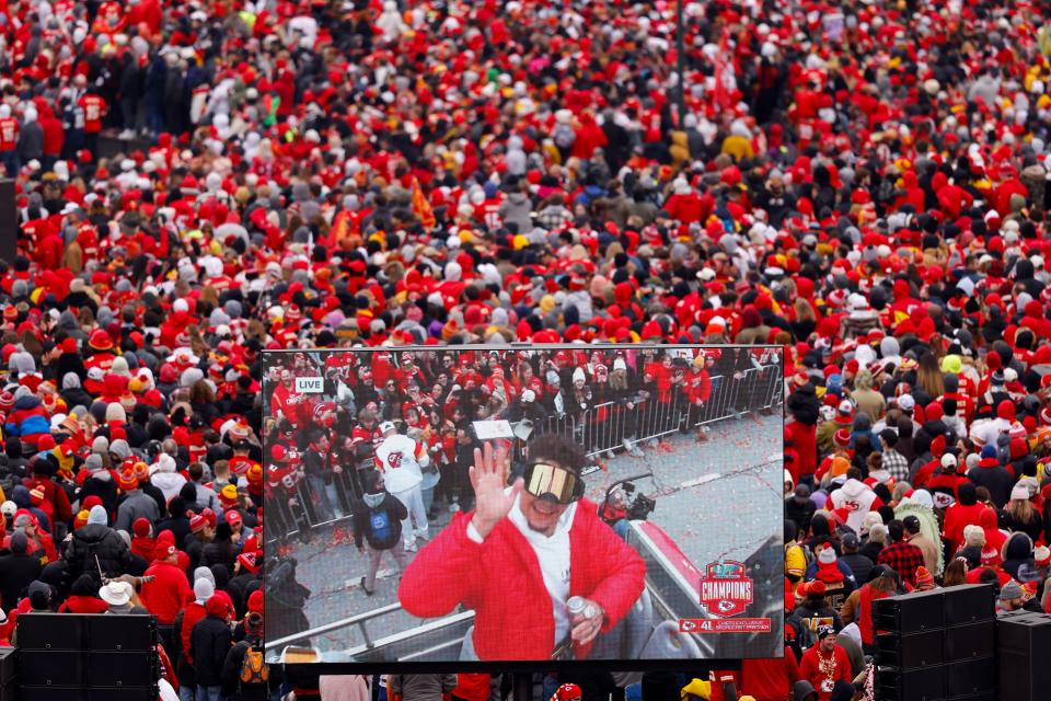 Patrick Mahomes is seen on the video board celebrating during the Kansas City Chiefs' Super Bowl LVII victory parade.