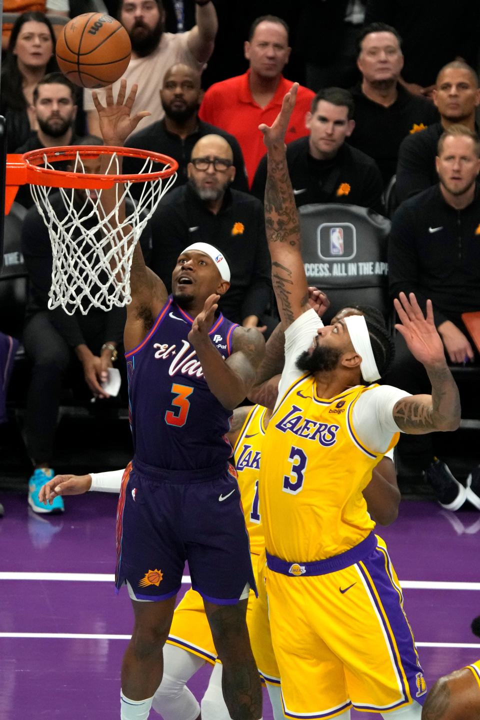 Nov 10, 2023; Phoenix, Arizona, USA; Phoenix Suns guard Bradley Beal (3) drives past Los Angeles Lakers forward Anthony Davis (3) in the first half at Footprint Center. Mandatory Credit: Rick Scuteri-USA TODAY Sports
