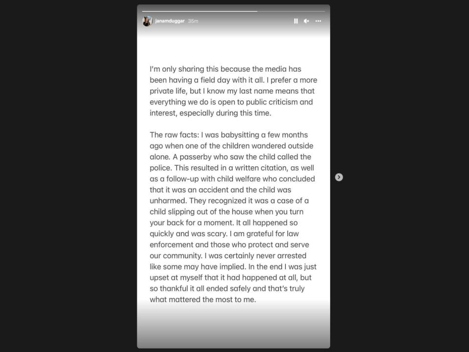 Jana Duggar's statement posted to Instagram Tuesday, December 14, 2022.