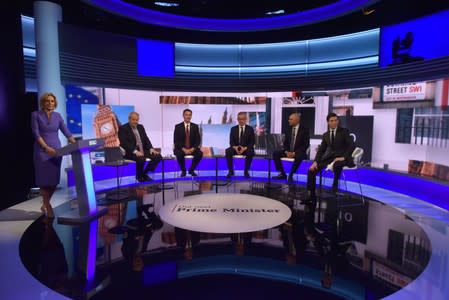 Boris Johnson, Jeremy Hunt, Michael Gove, Sajid Javid and Rory Stewart appear on BBC TV's debate with candidates vying to replace British PM Theresa May, in London