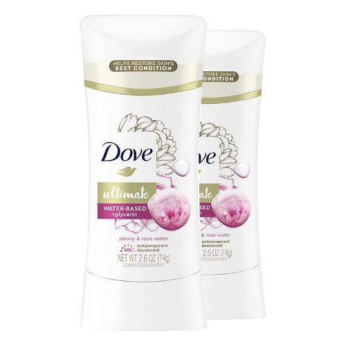 two Dove ultimate antiperspirant deodorant stick against white background