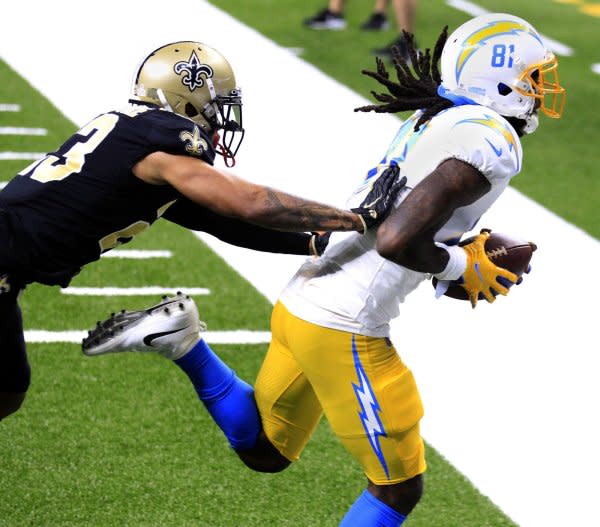 Los Angeles Chargers wide receiver Mike Williams (R) totaled four catches for 45 yards in Week 1. File Photo by AJ Sisco/UPI