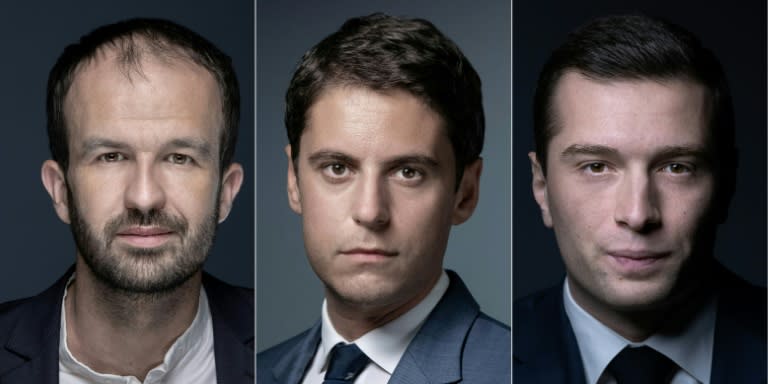 Photomontage réalisé le 19 juin 2024 de Manuel Bompard, Gabriel Attal et Jordan Bardella (JOEL SAGET)