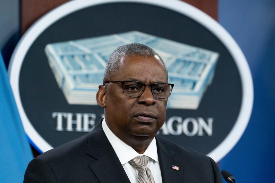 Secretary of Defense Lloyd Austin speaks with reporters after a virtual meeting of the Ukraine Defense Contact Group at the Pentagon, Monday, May 23, 2022, in Washington.