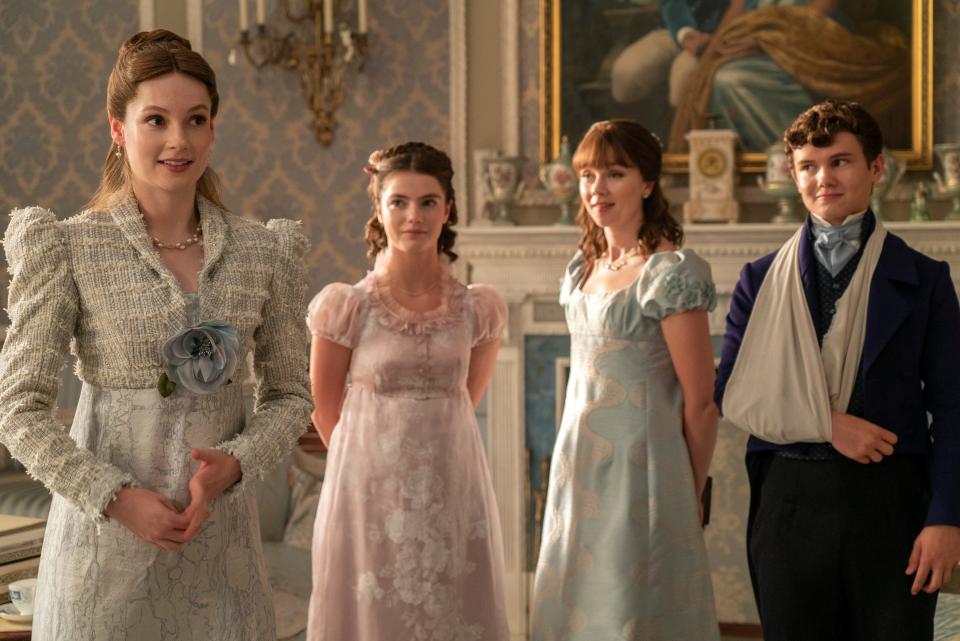 Hannah Dodd as Francesca Bridgerton, Florence Hunt as Hyacinth Bridgerton, Claudia Jessie as Eloise Bridgerton, and Will Tilston as Gregory Bridgerton on season three, episode four of "Bridgerton."