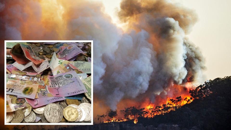 Pictured: Australian bushfires, Australian cash. Images: Getty