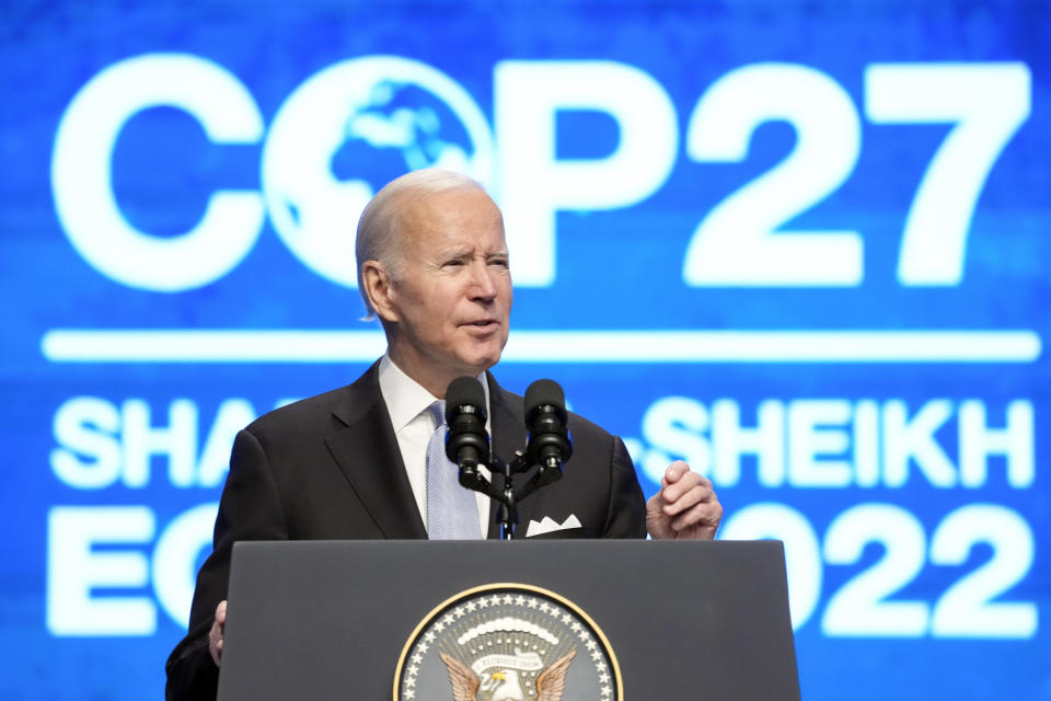 President Joe Biden speaks at the COP27 U.N. Climate Summit, Friday, Nov. 11, 2022, at Sharm el-Sheikh, Egypt. (AP Photo/Alex Brandon)