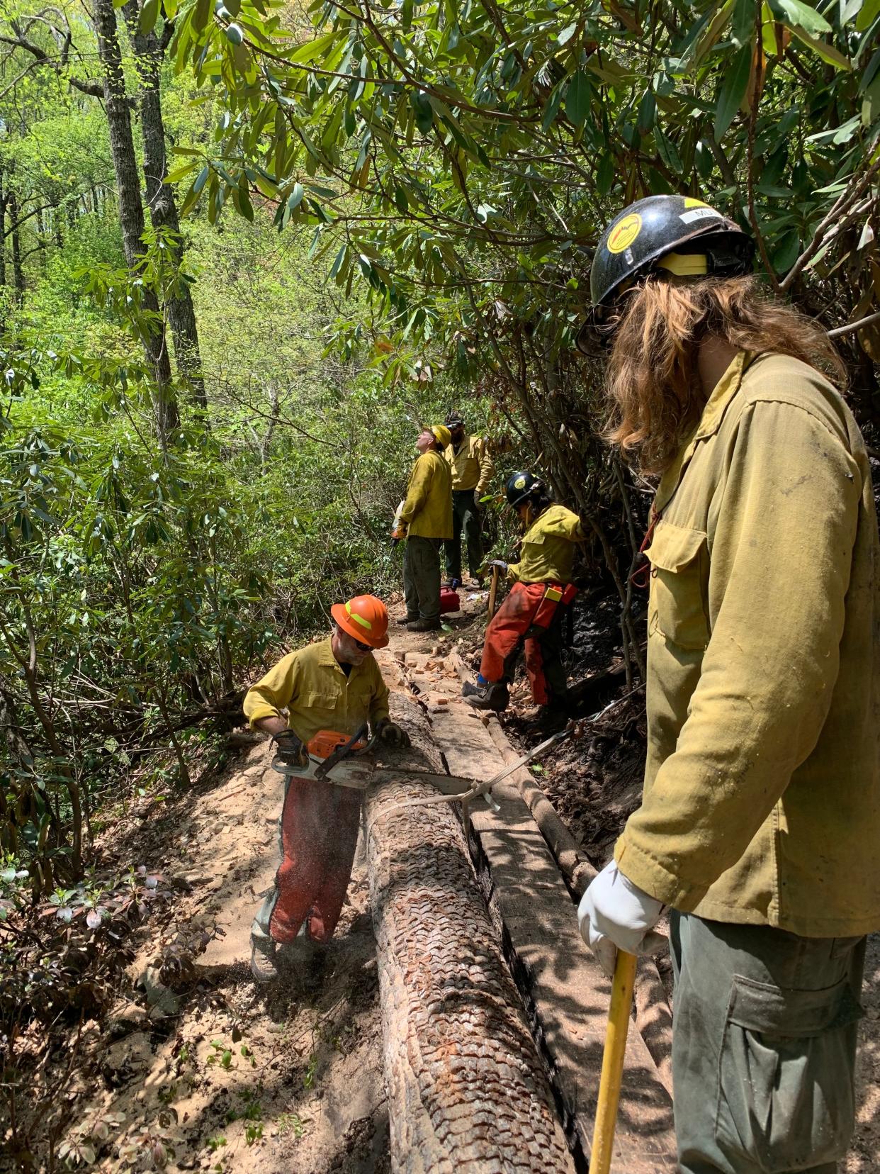 Forest Service firefighters work to repair a footbridge damaged by the Barnett Branch Fire.