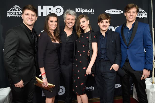 <p>Kevin Mazur/Getty</p> Jon Bon Jovi with wife Dorothea and kids Stephanie, Jesse, Jake and Romeo in 2018