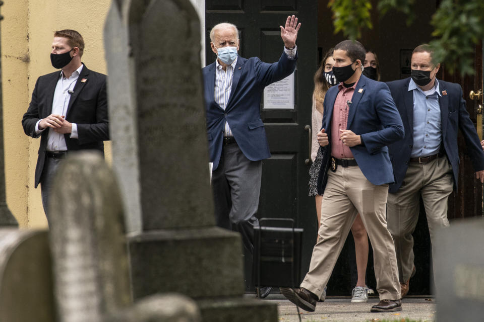 Democratic presidential candidate former Vice President Joe Biden leaves St. Joseph On the Brandywine Roman Catholic Church, Sunday, Oct. 25, 2020, in Wilmington, Del. (AP Photo/Andrew Harnik)